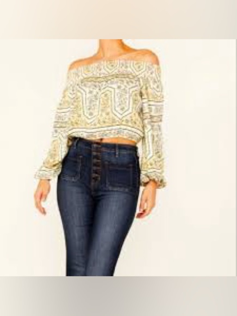 Wrangler Retro Yellow Paisley Off-Shoulder Smocked Crop Top Blouse medium